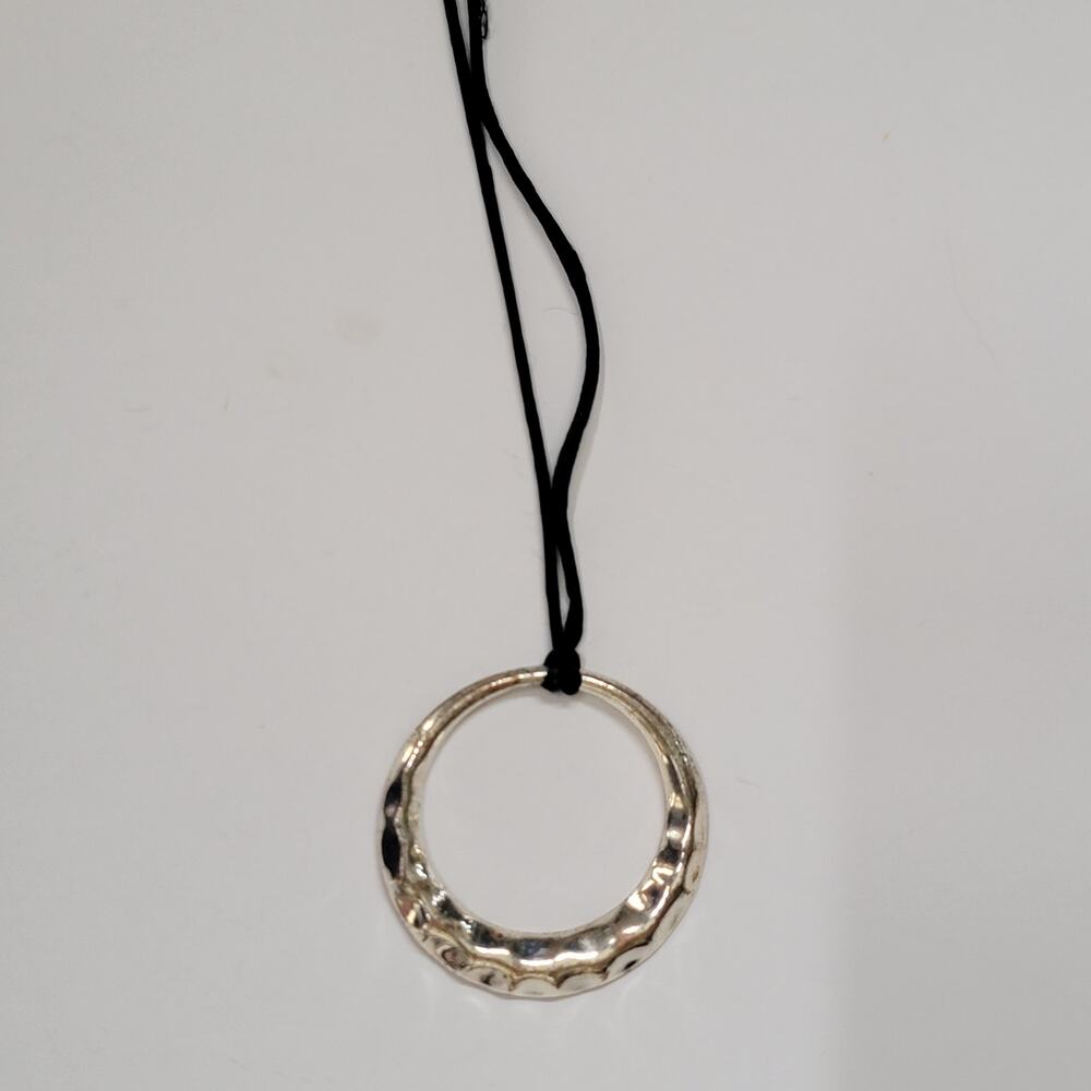 Silver Tone Hammered Circle Pendant Necklace with Modern Minimalist Black Cord